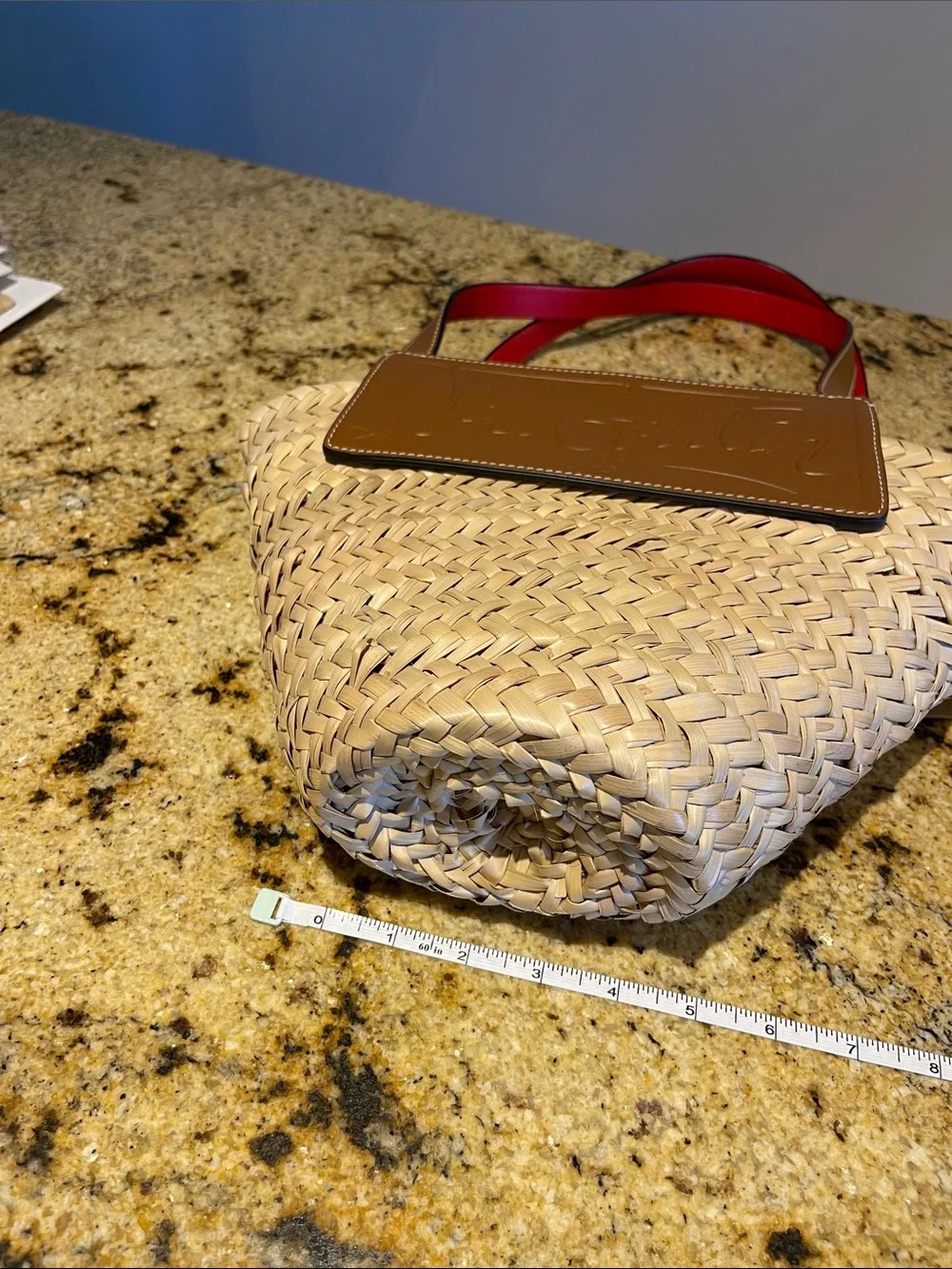 Christian Louboutin Tan & Natural Woven Straw Tote with Red-Trim Handles - Picture 7 of 8